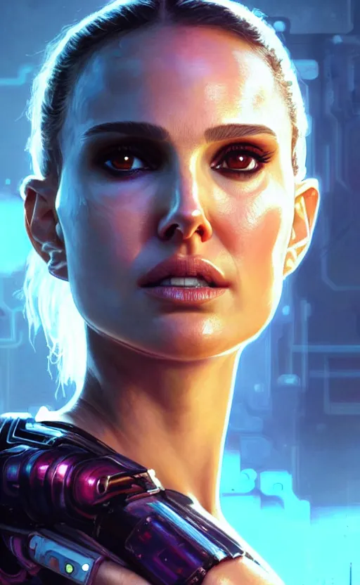 Image similar to portrait of Natalie Portman as a character in arabian Cyberpunk 2077, looking at camera, intricate, dystopian, sci-fi, extremely detailed, digital painting, artstation, concept art, smooth, sharp focus, illustration, intimidating lighting, incredible art by artgerm and greg rutkowski and alphonse mucha and simon stalenhag