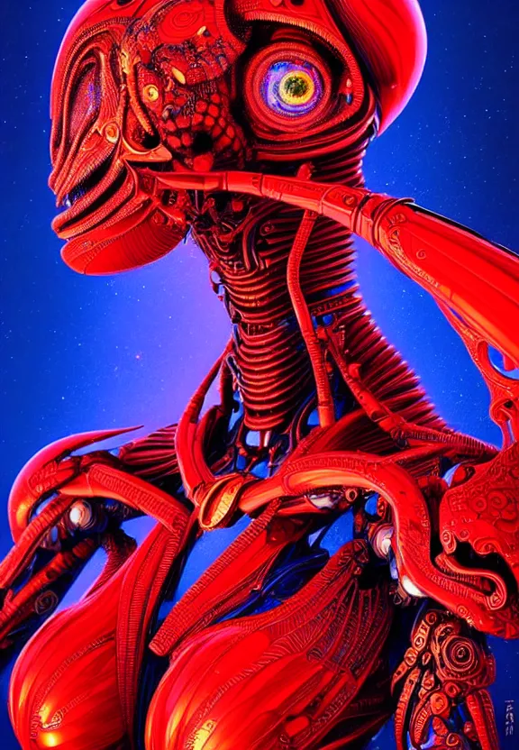 Image similar to ultra realist intricate detailed painting of a single attractive alien female, red sky, red and blue lighting, full body, curvy, black scales and cyborg tech, symmetry accurate features, very intricate details, focus, 8k render, artstyle Hiraku Tanaka, award winning