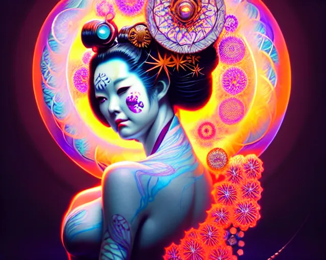 Image similar to a headshot of a geisha offset in the frame, surrounded by fractals, mandalas, cherry blossoms, hadron collider technology, metal gears, swirling bioluminescent energy, art by peter mohrbacher and dan mumford, 8 k octane render, hyperrealistic, zbrush, cinema 4 d