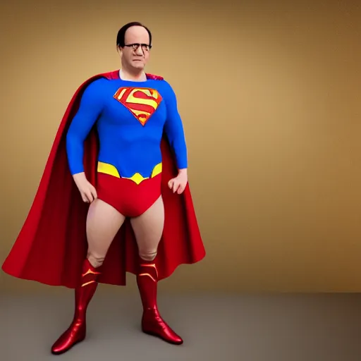 Image similar to studio photo, francois hollande wearing superman costume, photorealistic, detailed, studio lighting, 4 k