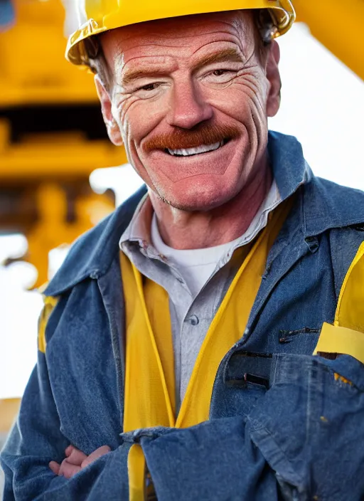 Prompt: closeup portrait of cheerful bryan cranston as a crane operator, yellow hardhat, natural light, bloom, detailed face, magazine, press, photo, steve mccurry, david lazar, canon, nikon, focus