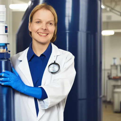 Image similar to woman in a lab coat leaning against a large compressed air tank. she's smirking while holding on to the tank's valve.