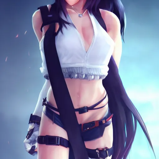 Image similar to head to toe shot of tifa lockhart by wlop, rossdraws, mingchen shen, bangkuart, sakimichan, yan gisuka, jeongseok lee, artstation, 4k