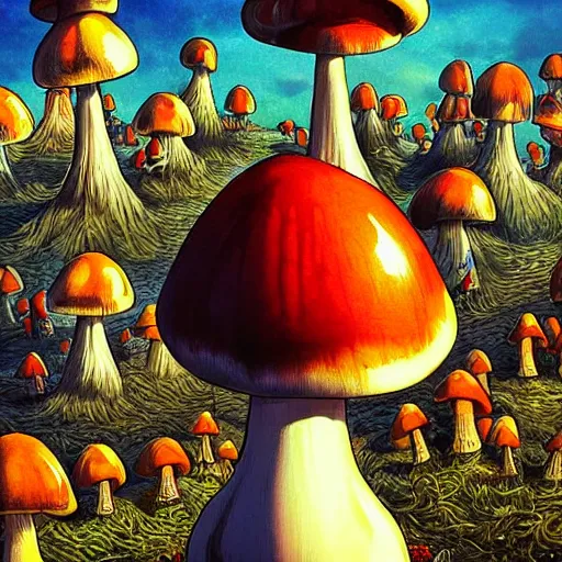 Prompt: a centered chest up portrait of a psychedelic demonic anthropomorphic mushroom - man smoking a hand - rolled cigarette smoking heavily, magic mushroom village in background. award winning. superb resolution. in the art style of junji ito and greg rutkowski. detailed mushroom city in background. hyper realistic anime. perfect art. dalle 2