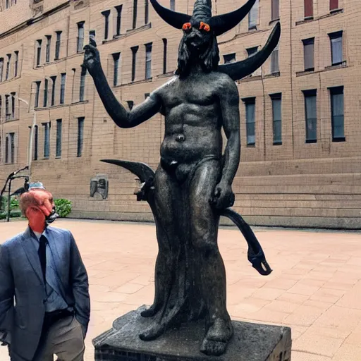 Prompt: Man giving the middle finger to a statue of the baphomet