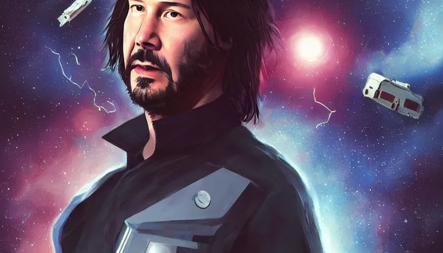 Prompt: Keanu reeves floating in space with a distressed look on his face, digital art, artstation, artgem