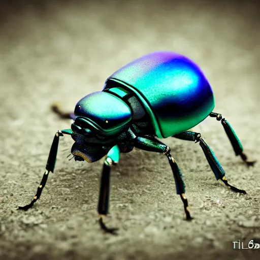 Prompt: iridescent metal robot beetle. tilt shift photography. award winning