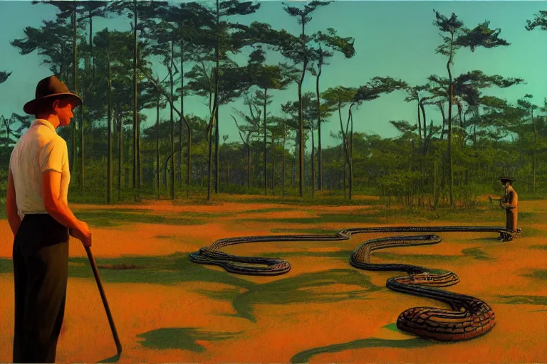 Prompt: snake oil researcher digging through the swamps of Formosa, painting by Edward Hopper, 3D render by Beeple, sketch by R. Crumb