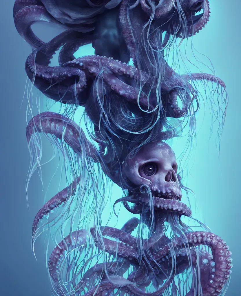 Image similar to goddess close - up portrait human skeleton, ram skull, octopus, jellyfish, orchid, betta fish, bioluminiscent, intricate artwork by tooth wu and wlop and beeple. octane render, trending on artstation, greg rutkowski very coherent symmetrical artwork. cinematic, hyper realism, high detail, octane render, 8 k