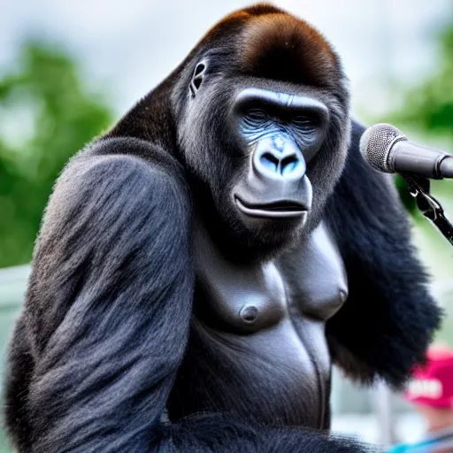 Image similar to a gorilla singing to a large crowd of people at an outdoor stadium concert. highly detailed. 8 5 mm f 1 1 canon eos