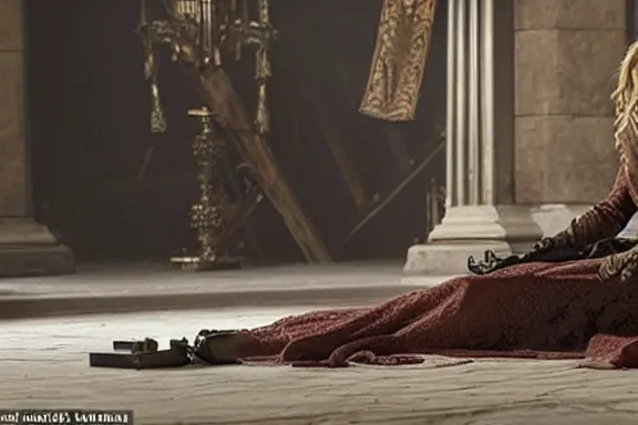 Image similar to very very intricate photorealistic photo of cersei killed by jaime lannister, photo is in focus with detailed atmospheric lighting, award - winning details