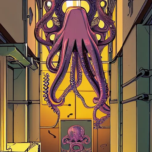 Image similar to robotic Octopus in a hallway, Industrial Scifi, detailed illustration, character portrait, by Martin Grip and Moebius