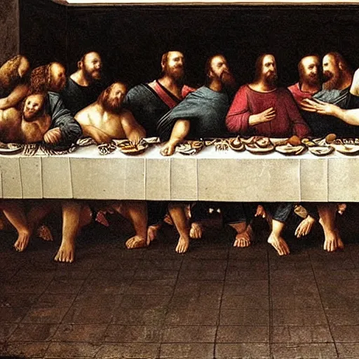 Image similar to the new zealand all black rugby team in the last supper by leonardo da vinci