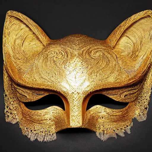 Image similar to a beautiful kitsune mask carved in wood with some gold leaf accents, made by iris van herpen