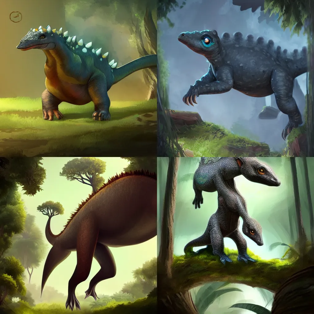 Prompt: Subject: a baby dinausaur ; environment: forest over the canopy ; action: jumping ; transformation : gigantify ; style: digital art trending on artstation ; quality: professional