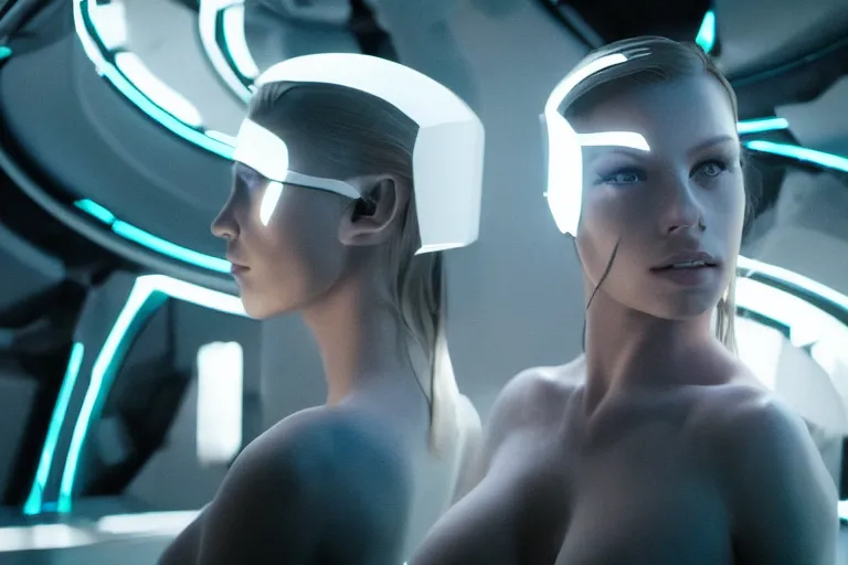 Image similar to VFX movie of a futuristic cyborg space woman model gorgeous portrait in future spaceship, beautiful natural skin neon lighting by Emmanuel Lubezki