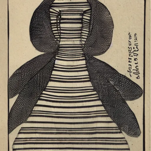 Prompt: an anthromorphic bee woman wearing striped couture made out of wax and paper