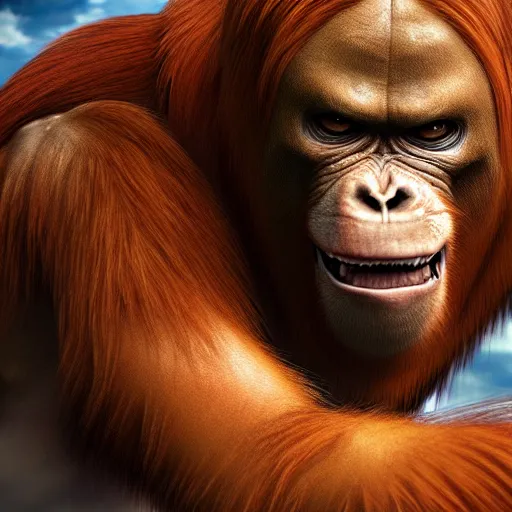 Prompt: attack on titan with orangutans, 4 k, hyper realistic, dslr, high resolution, landscape, beautiful, anime, manga