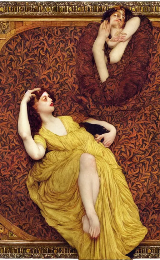 Image similar to preraphaelite full body reclining portrait photography masterpiece hybrid of judy garland and florence welch, foreshortening, brown hair fringe, yellow ochre ornate medieval dress, kilian eng and william holman hunt, frederic leighton, ford madox brown, william morris, framed, 4 k