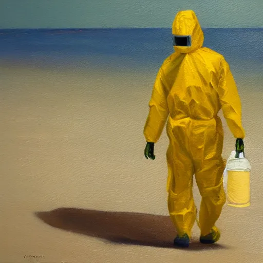 Image similar to a man in a yellow hazmat walking on an abandoned beach, oil painting