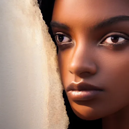 Image similar to beautiful female angel, brown skin, asymmetrical face, ethereal volumetric light, sharp focus