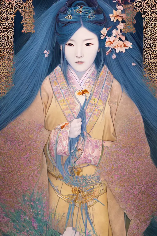 Prompt: breathtaking detailed soft painting of a samurai queen with long flowing blue hair, pastel flower petals flying, at dawn in front of a pristine golden art nouveau cathedral, elegant, volumetric lighting, highly detailed, artstation, concept art, matte, sharp focus, art by pilyeon, matcha art