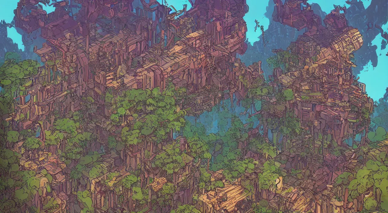 Image similar to open door wood wall fortress airship greeble block amazon jungle on portal unknow world ambiant fornite colorful that looks like it is from borderlands and by feng zhu and loish and laurie greasley, victo ngai, andreas rocha, john harris