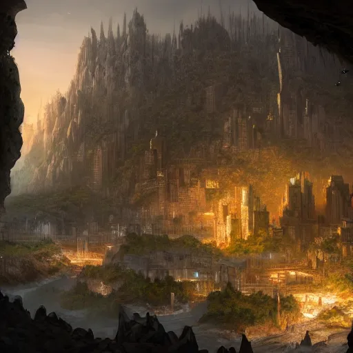 Image similar to A highly detailed 4K fantasy matte painting of city in cave. ArtStation, CGSociety, Unreal Engine