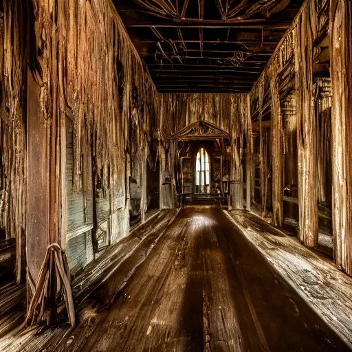 Image similar to picture of a cronenberg - like creature, southern gothic, inside of an old wooden church in louisiana, dark and intricate photograph