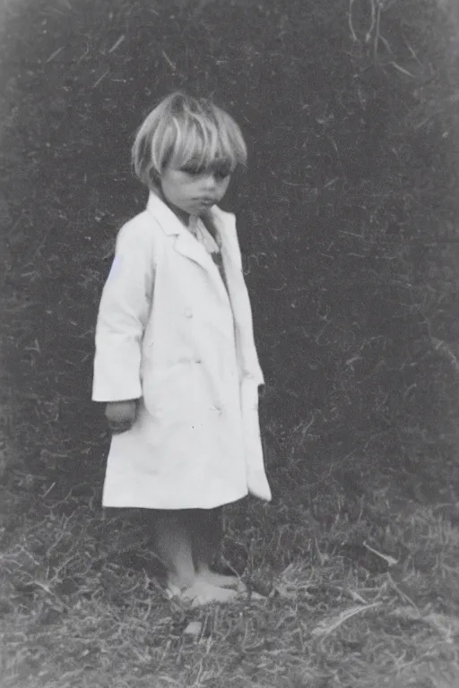 Image similar to photo polaroid of a sad and lonely child in a white coat stands in the middle many big tents of field hospitals, pandemic, covid,loneliness, black and white ,photorealistic, 35mm film,