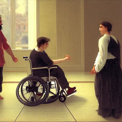 Image similar to a male patient in a wheelchair in the hospital with his wife and son standing by. happy, cheerful, intricate, sharp focus, artstation, cinematic, 8 k, by william adolphe bouguereau