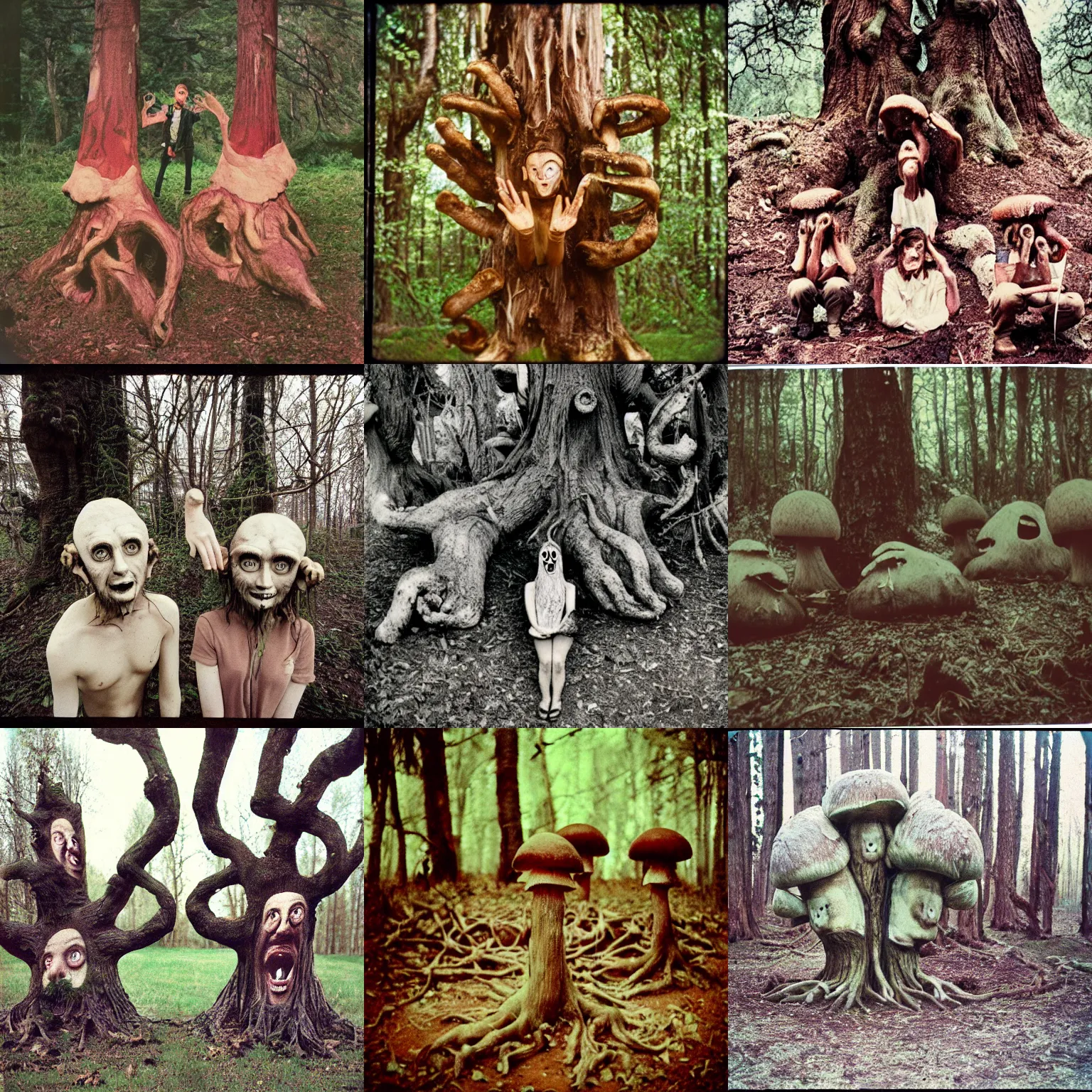 Prompt: eating mushrooms, critical moment, terrifying tree monster with distorted faces made of bark, lovecratftian horror, pans labyrinth, shot on expired instamatic film