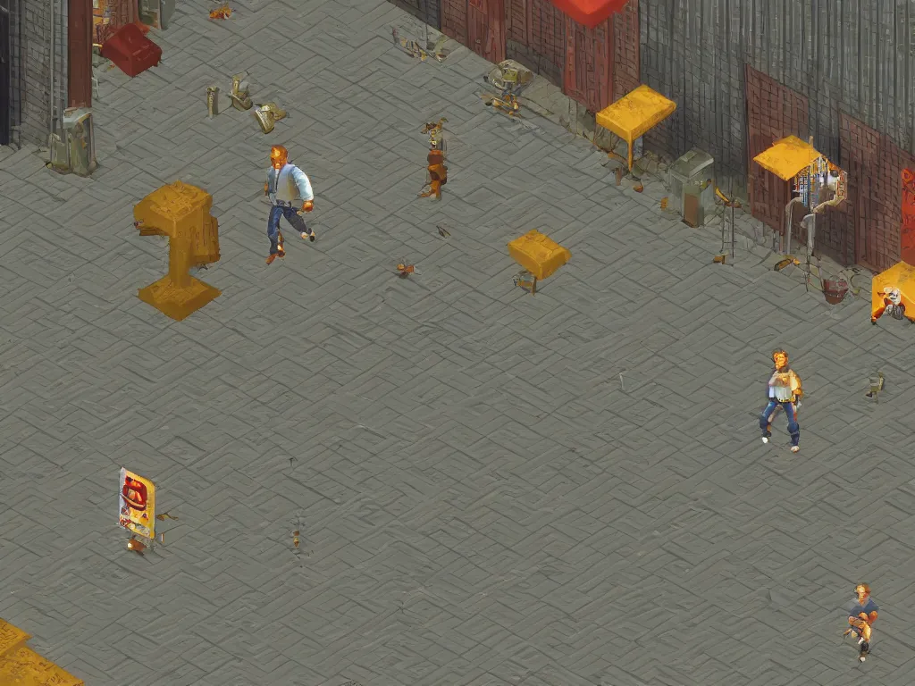 Prompt: PS1 game screenshots, a man walking in a city