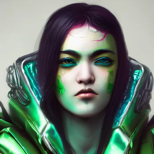 Prompt: young Asian Cyberpunk woman with green hair, Close up portrait, wearing a leather jacket, face mask, hyperdetailed, artstation, cgsociety, 8k, nighttime