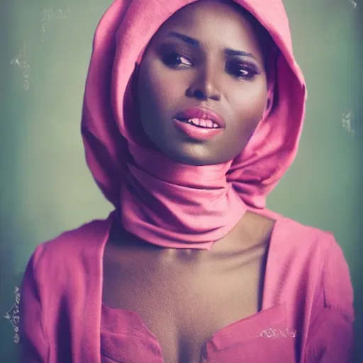 Prompt: studio photography, portrait image, somali woman, beautiful, vintage, dreamy, happy, pastel