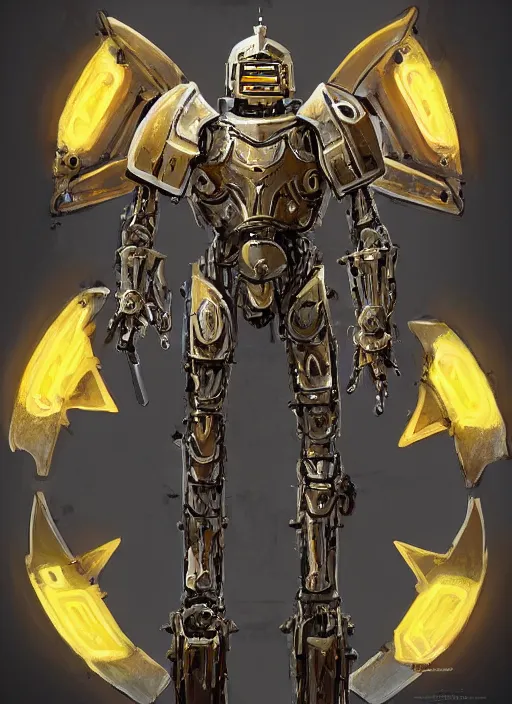 Prompt: full body, dynamic attack position abstract portrait of a intricate glorious holy mechanical warforged character in yellow armor holding a paladin engraved great longsword drawn and carrying a big paladin shield, glowing!!!! eye!!!!!, face in focus, pit droid, epic , trending on ArtStation, masterpiece, cinematic lighting, by Ross Tran and by Greg Rutkowski