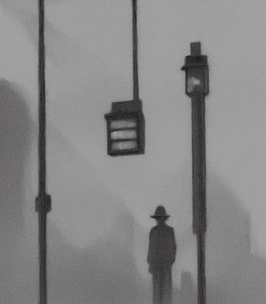 Prompt: charcoal sketch matte painting urban decay bus station train station stoplight streetlight silhouette figure