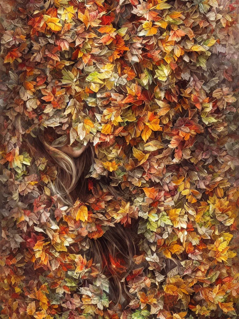 Prompt: a chaotic tornado of autumn leaves, intricate details, aesthetically pleasing and harmonious natural colors, art by marco mazzoni, impressionism, detailed, dark, wind