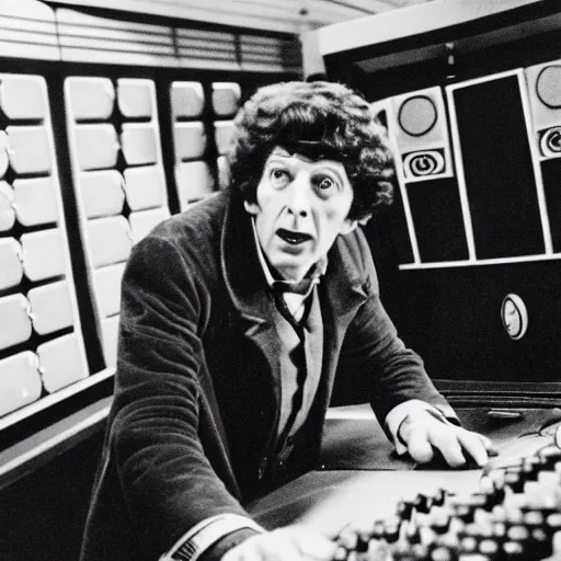 Image similar to Tom Baker as as the Doctor in his burgundy costume in the Tardis secondary control room