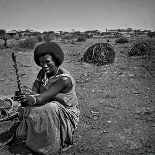 Image similar to wide angle photo of African woman inspecting laser gun ancient device, tools and junk on the ground,wires and lights, old village in the distance, vintage old photo, black and white, sepia