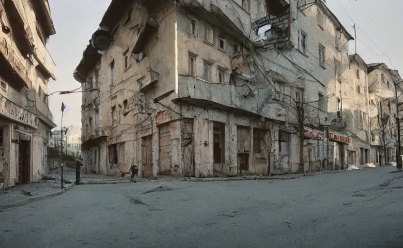 Image similar to movie still of a soviet street from Sarajevo in 1960s , Cinestill 800t 18mm