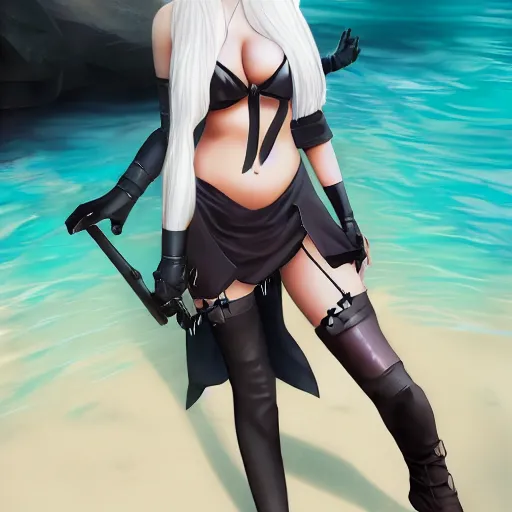 Prompt: full body portrait of 2B nier automata wearing a bikini, fantasy art by Thomas romain, safe for work, trending on artstation, artstationHD, artstationHQ