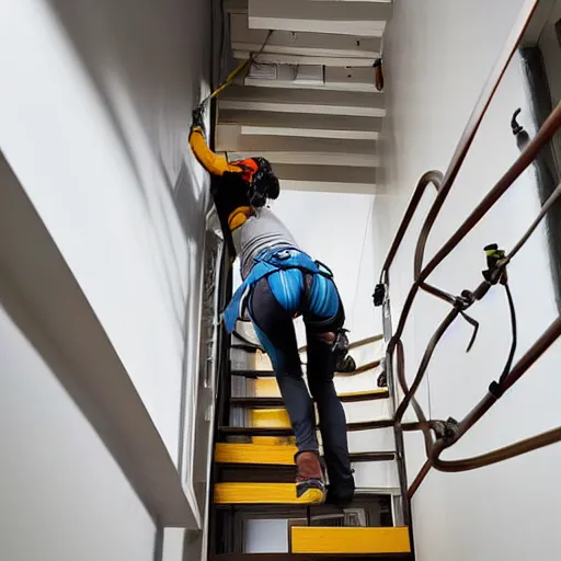 Image similar to A climbing expedition climbing the stairs of a regular apartment building. They are using ropes, pickaxes and other professional climbing gear in order to climb the stairs. Photograph, f/8, room lighting, indoor