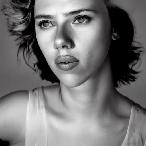 Image similar to a portrait photo of 20 year old male scarlett johansson, with a sad expression, looking forward