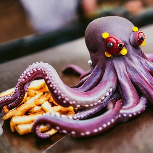 Image similar to octopus made of steel eating fastfood, 5 5 mm