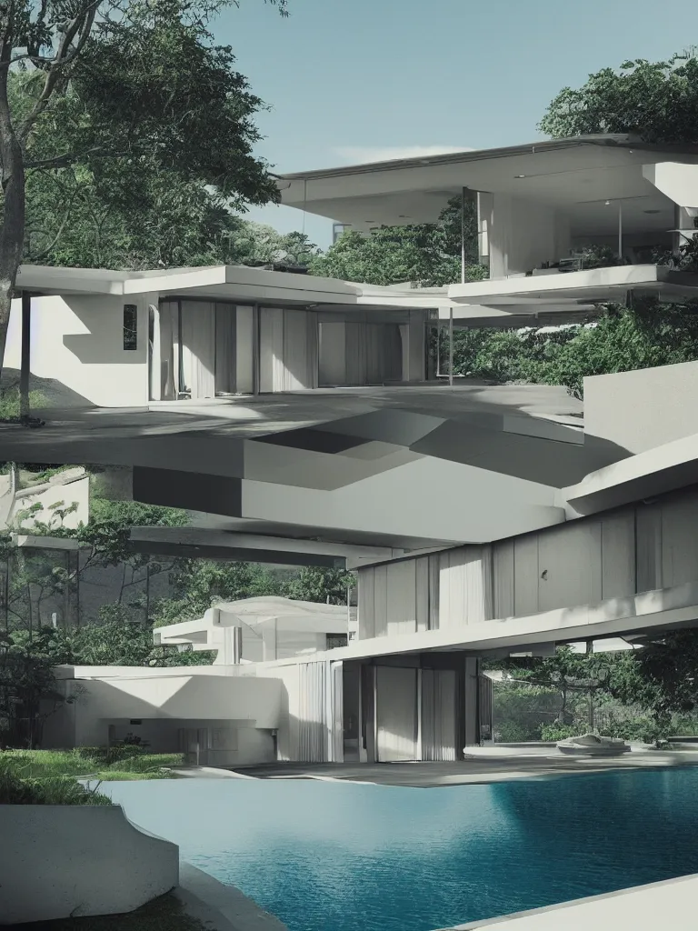 Image similar to “A mid-century stahl house by Pierre Koenig, trending on artstation, octane render, cgsociety, digital art”