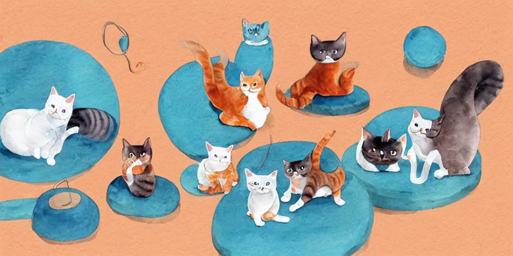 Prompt: watercolor illustration style, cute cats training in cat gym club