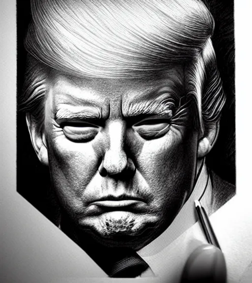 Image similar to trump, beautiful piercing eyes, realistic face, black and white drawing, in the style of greg rutkowski, fantasy, amazing detail, epic, intricate, elegant, smooth, sharp focus