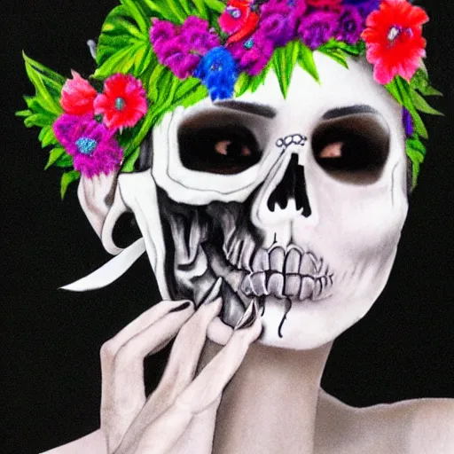 Image similar to a photorealistic portrait of a woman with a skull face paint and headband of flowers