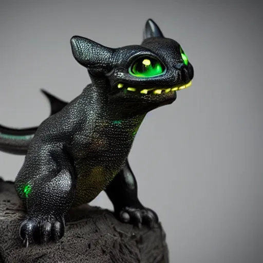 Prompt: realistic miniature of bioluminescent toothless on a studio shot, 1 0 0 mm, hyper realism, detailed, high definition, smooth, sharp focus